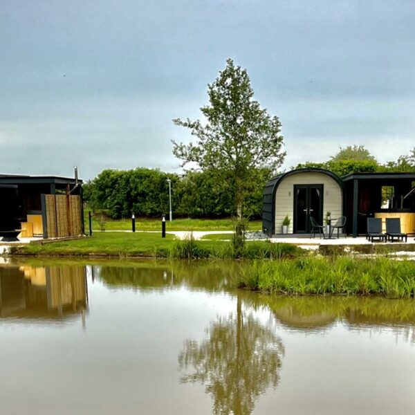 The modern new glamping pods at New Farm Fishery in Cheshire
