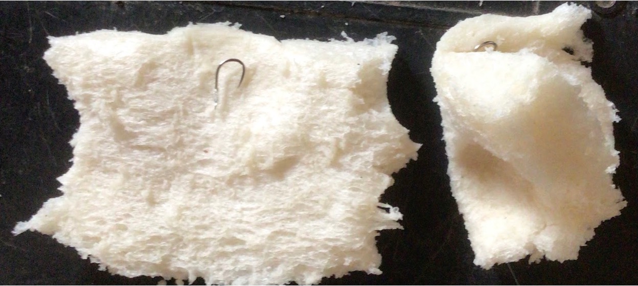 Pieces of bread on two separate hooks