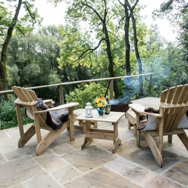 The patio at Cabalva Mill Cottage fishing holidays on the River Wye in Herefordshire