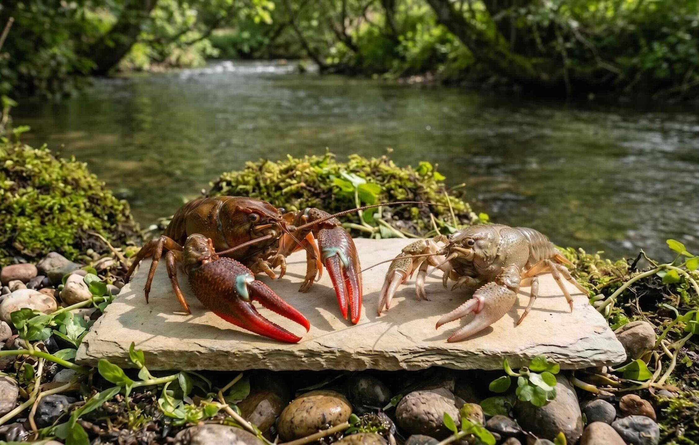 The invasive Signal crayfish (on the left) is significantly larger and more aggressive than the native species (on right)